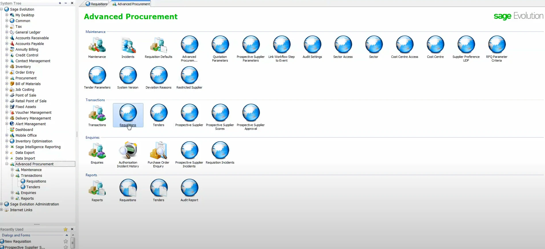 screenshot of Sage 200 Evolution